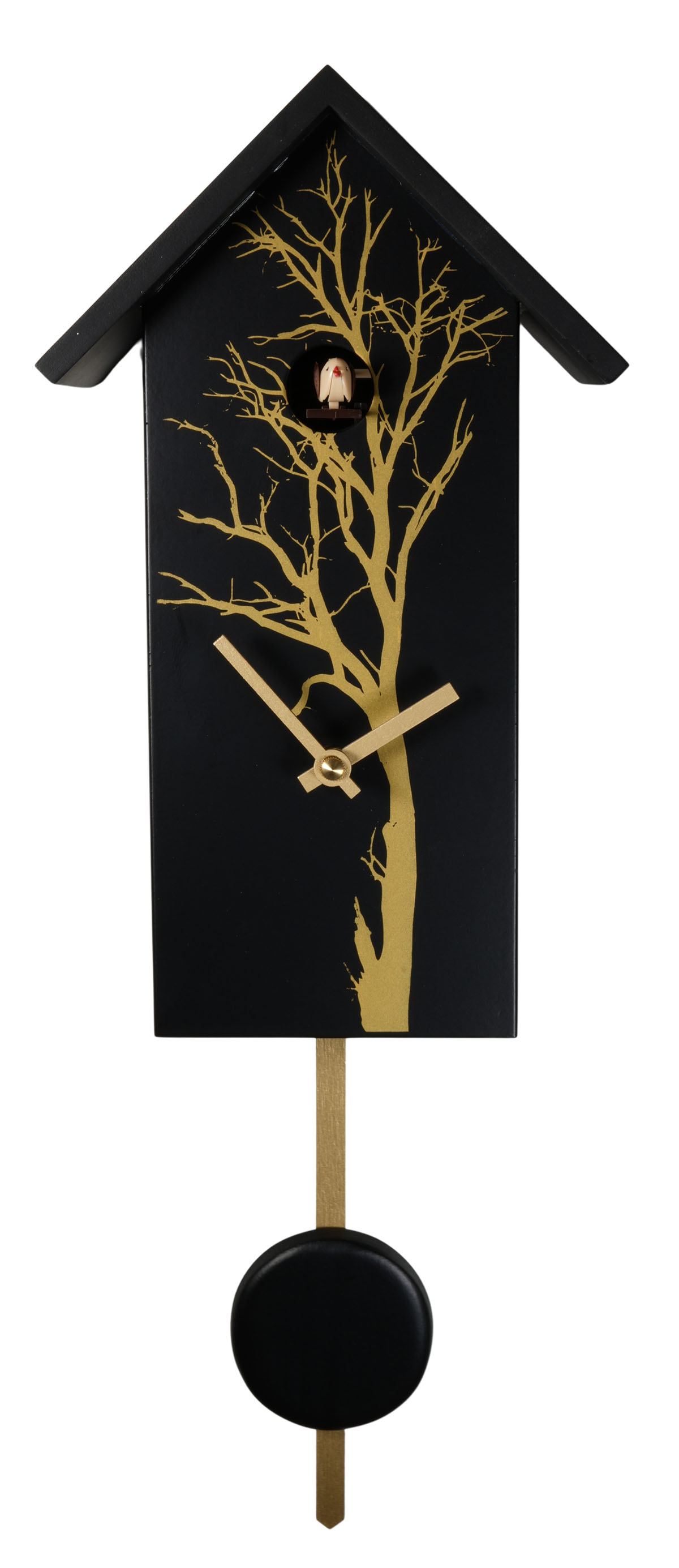 Schwarze Kuckucksuhr Massivholz mit goldenem Baum