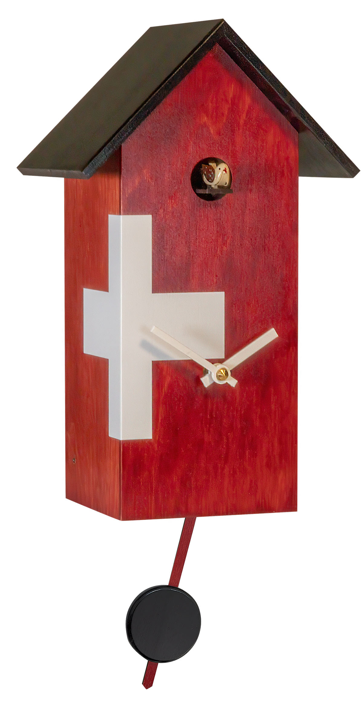 Rote Kuckucksuhr Massivholz mit weißem Kreuz