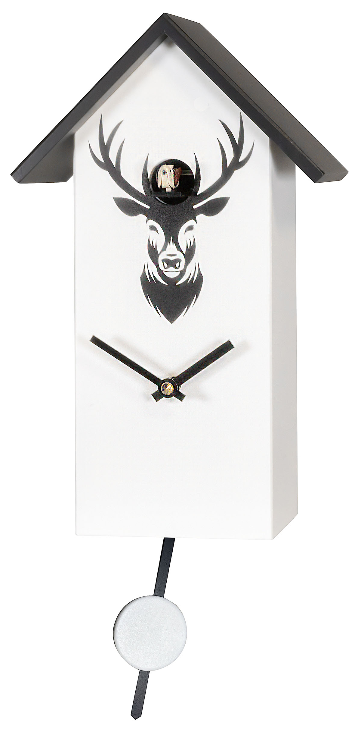 Weiße Kuckucksuhr modern mit Hirschkopf