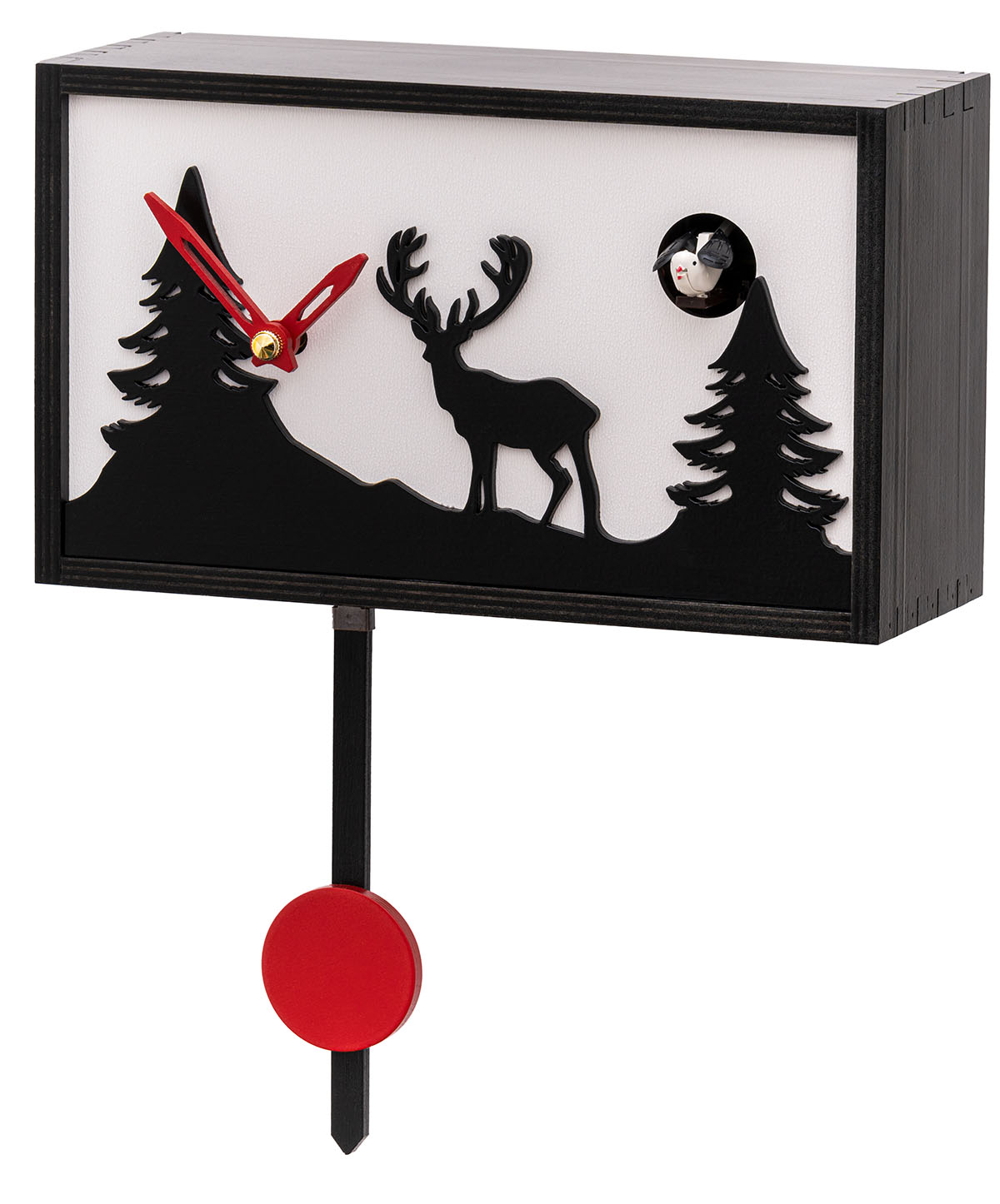 Moderne Kuckucksuhr KuckuFrame in Schwarz mit Hirsch- und Tannen-Silhouette, roten Zeigern und rotem Pendel