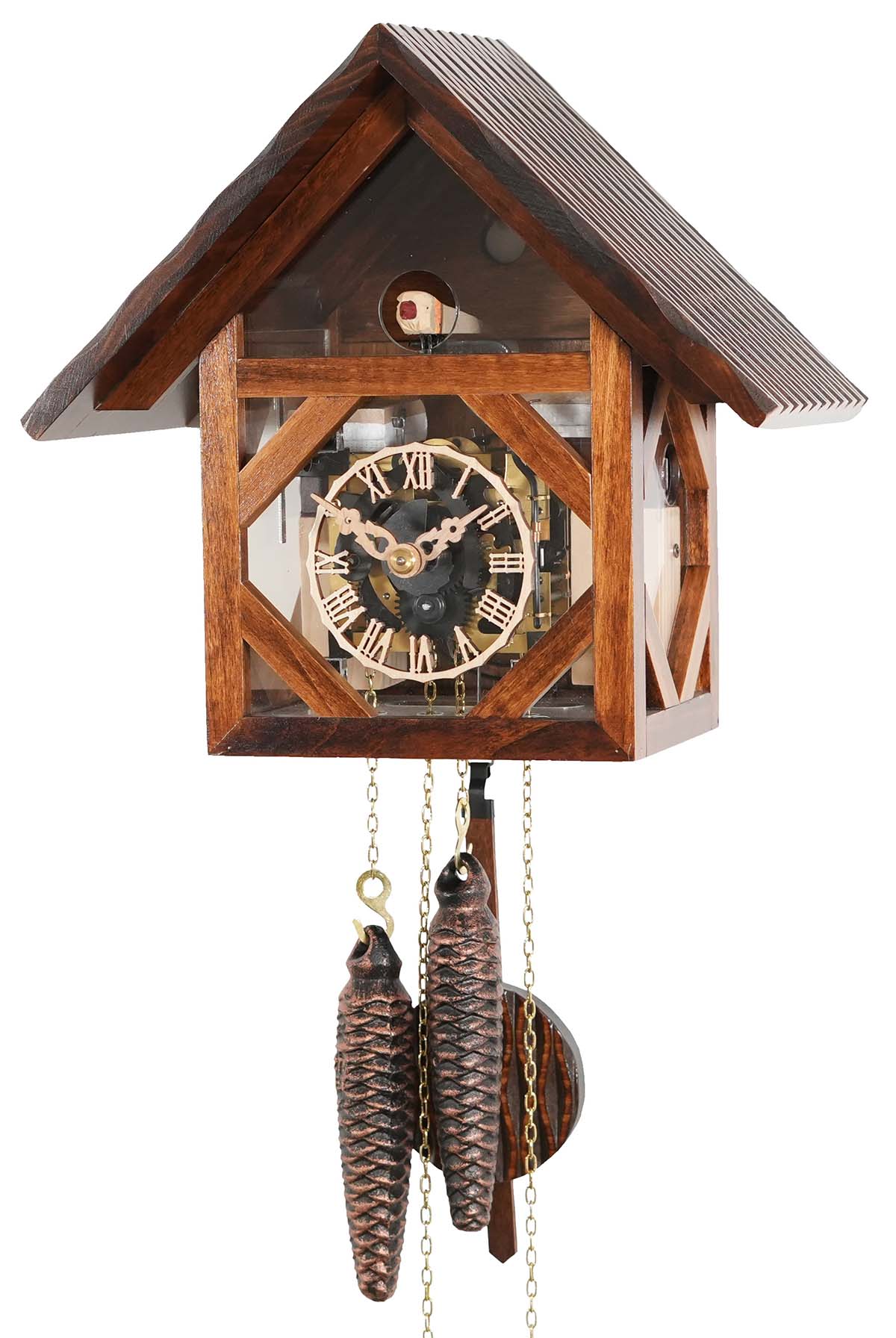 Kuckucksuhr mit Sichtfenster auf das Uhrwerk