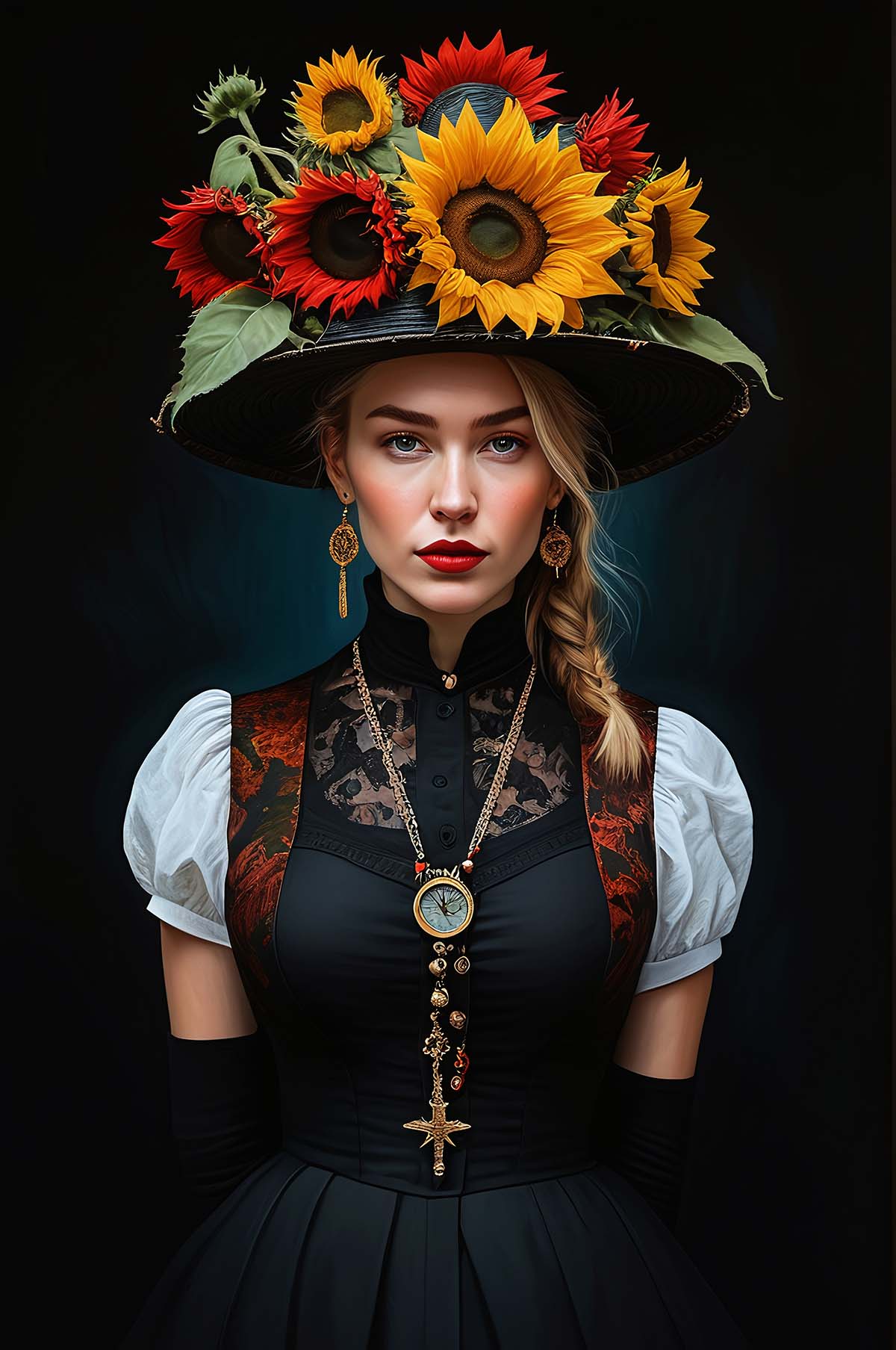 Friedrich Hucke Bild Schwarzwald-Mädel mit Sonnenblumen-Hut