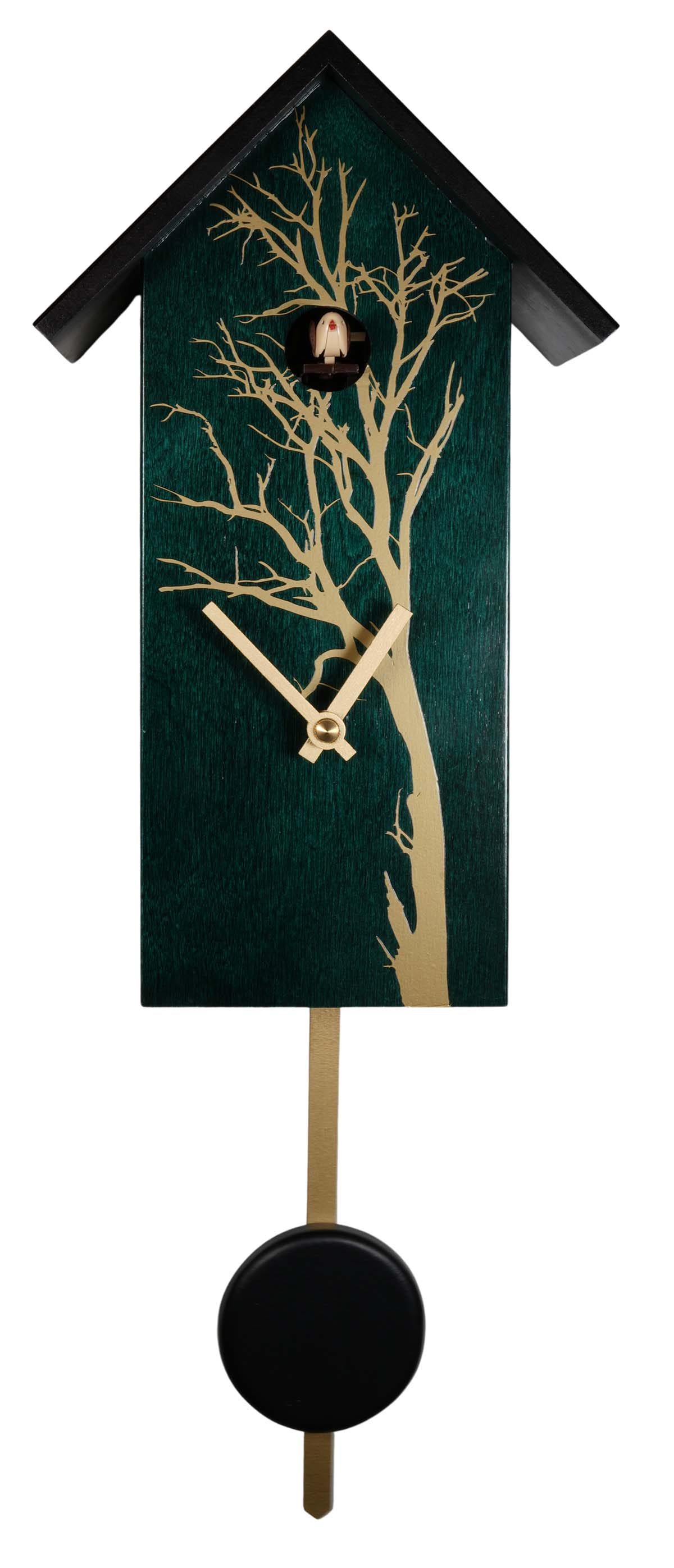 Grüne Kuckucksuhr Massivholz mit goldenem Baum